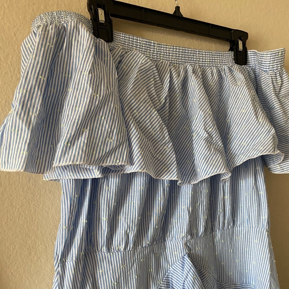 Strapless Striped Blue Ruffle Dress - Picture 2 of 3
